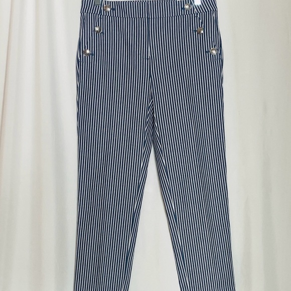 LOFT Striped Navy and White Cropped Pants Stretchy THE RIVERA SLIM runs big - Picture 1 of 9